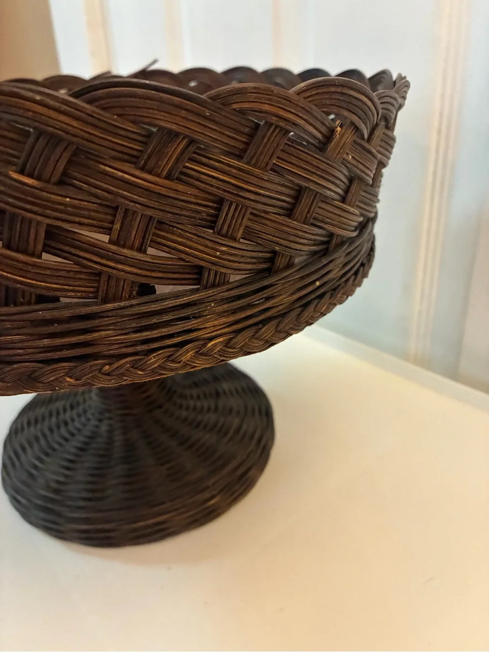 Vintage Handwoven Rattan Pedestal Bowl Scalloped Rim Wicker Centerpiece Rustic